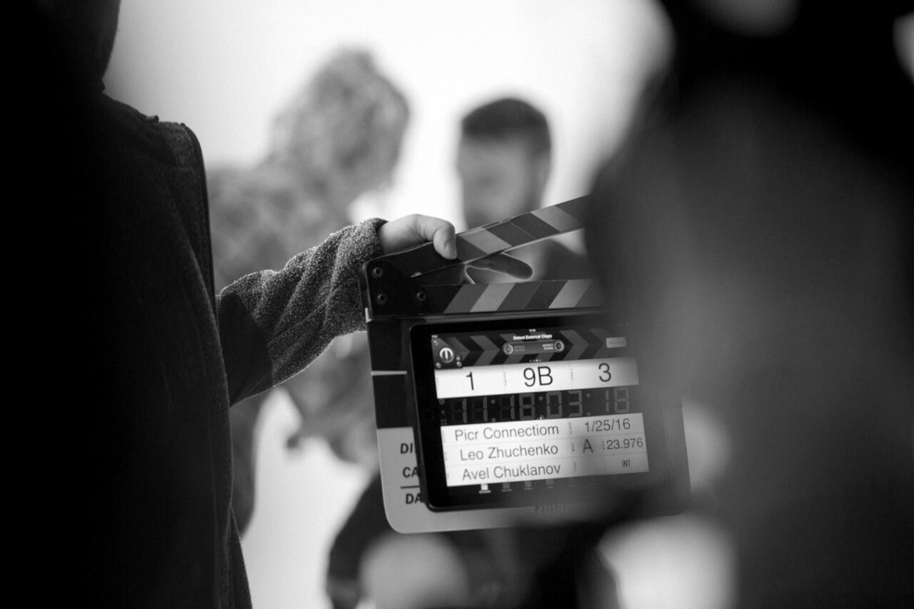 Clapperboard held on a production set