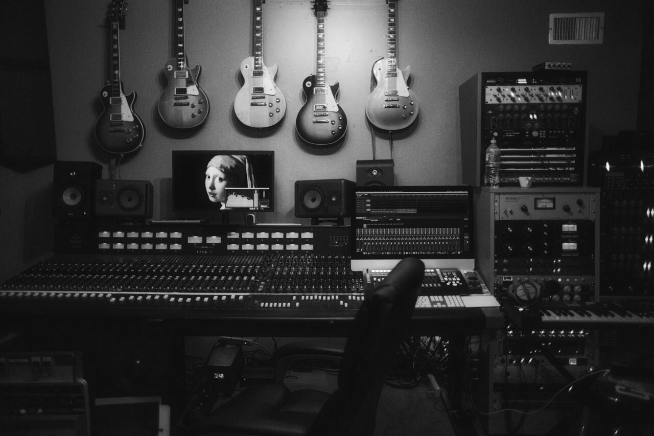 Recording studio with a large mixing console